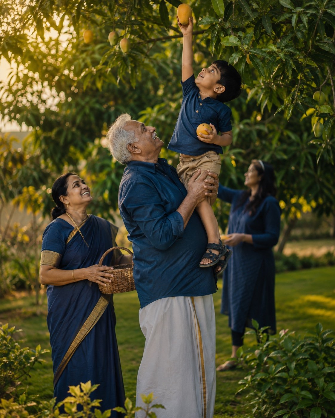 Grandfather and grandson walking past the temple and goshala at Urban Nest by 5 Elements